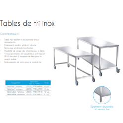 table de tri inox mobile 2 plateaux 2000x700x910 mm  poids 45 kg