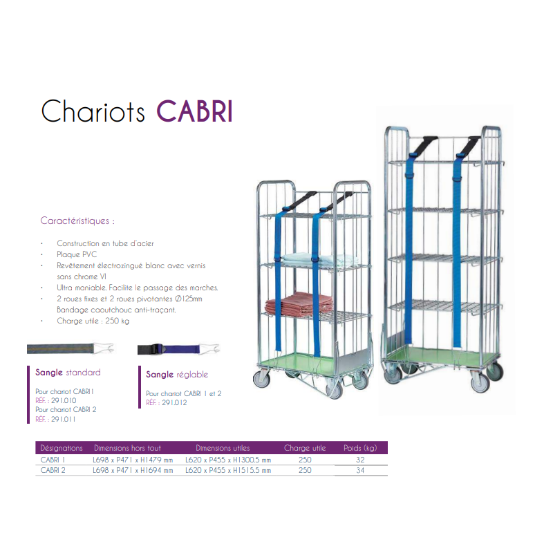 chariot CABRI 2 roll 698x471x1694 mm charge 250 kg poids 34 kg