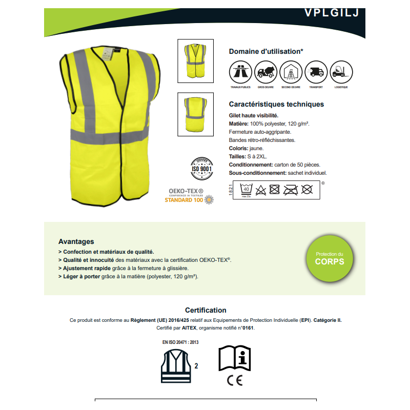 Gilet de signalisation haute visibilité ORANGE Polyester fermeture à scratch VPLGILO
