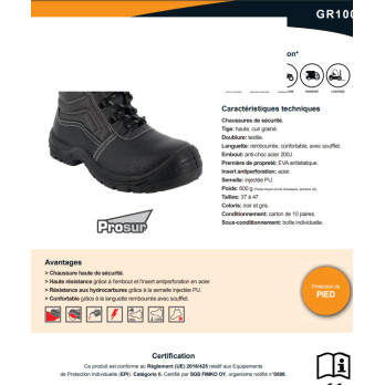Chaussures de sécurité hautes cuir GR100 vente en gros du 37 AU 47