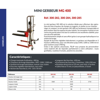 mini gerbeur MG 400 hauteur 1500 mm charge 400 kg