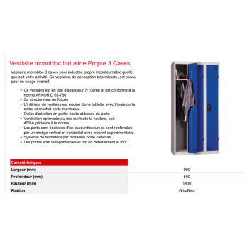 Vestiaire monobloc Industrie Propre 3 cases Lg 900xProf 500 ht 1800 mm double ventilation moraillon porte cadenas