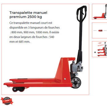 Transpalette manuel court fourches 1000 mm x 540mm charge 2T5