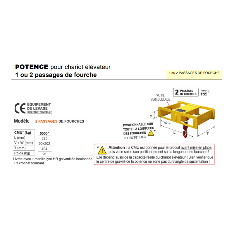 Potence avec crochet pour fourches de chariot élévateur CMU 5T