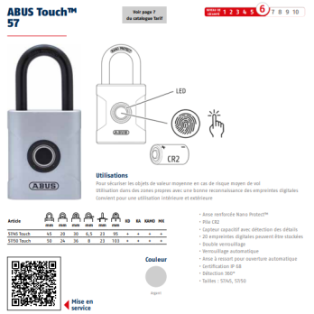 Cadenas à empreinte digitale ABUS Touch 57/50