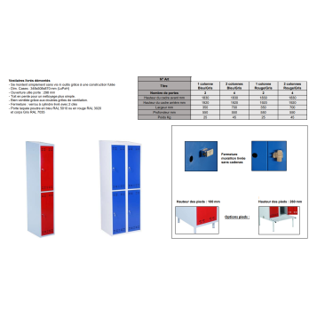 Vestiaire 1 colonne 2 portes  livré démonté rouge ou bleu avec montants gris