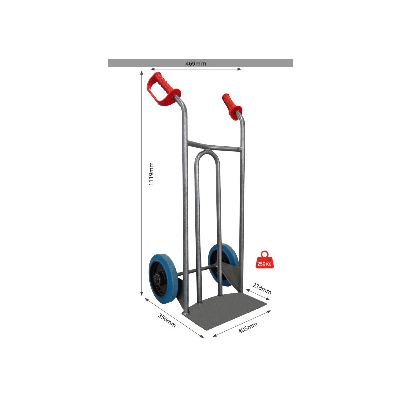 Diable Standard tablier incurvé pour charges cylindriques acier roues dures charge 250 kg