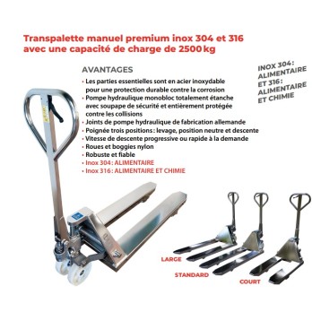 Transpalette manuel  Inox 316 fourches 1150x520 mm 2500 kg