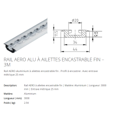 Rail aéronautique alu encastrable à ailettes LG 2M00  pour véhicule utilitaire