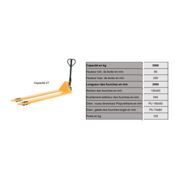 Transpalette manuel fourches longues 2000 mm x 540 mm CHARGE 2000 kg