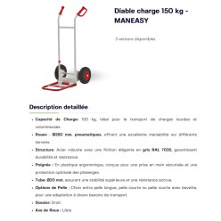 Diable de manutention léger maniable et compact en acier charge 150 kg roues gonflables  MANEASY