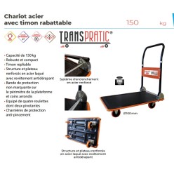 Chariot acier timon rabattable charge 150 kg plateau 725x465 mm