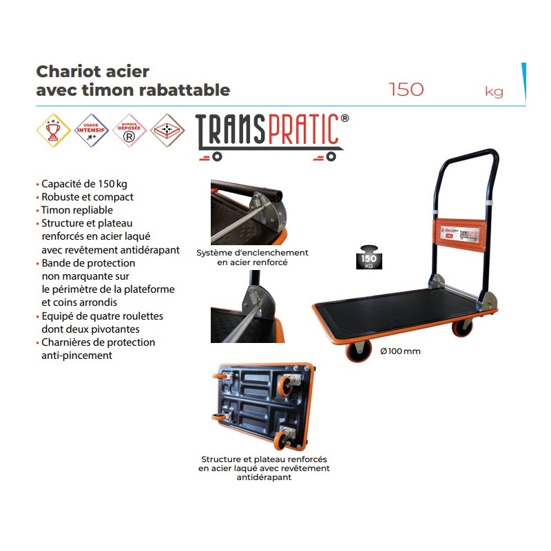 Chariot De Manutention En Acier Pro - 500 Kg De Charge, 80x120x100 Cm, Sans Ridelles, Plateau Bois Antidérapant