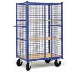 Roll chariot conteneur grillagé 3 côtés et 2 portes 1170x760x1735 mm 2 étagères bois réglables et socle