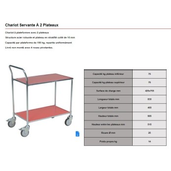 servante à roulettes 2 plateaux stratifiés charge 150 kg