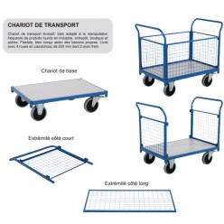 Chariot de manutention avec ridelles grillagées modulables