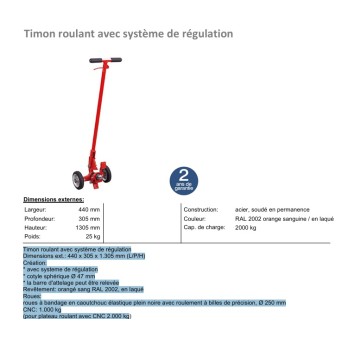 Timon roulant avec système de verrouillage capacité 2000 kg avec système de régulation