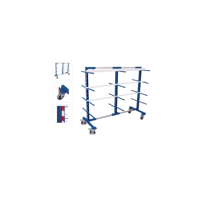 Chariot Rayonnage cantilever mobile double face ajustable de 840 à2200 mm charge 400 kg