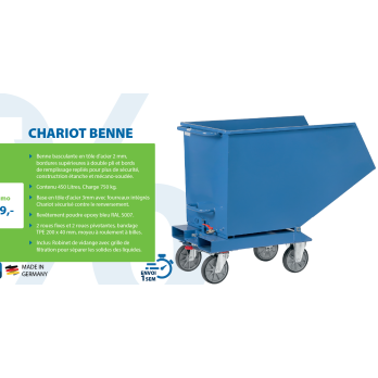 Chariot benne basculante sur roues avec robinet de vidange 450 LITRES