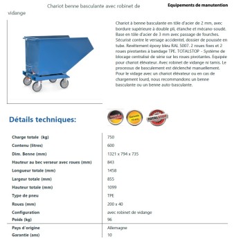 Chariot benne basculante sur roues avec robinet de vidange 600 LITRES