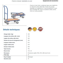Chariot à dossier rabattable en acier plateau bois 720x450 mm charge 250 kg