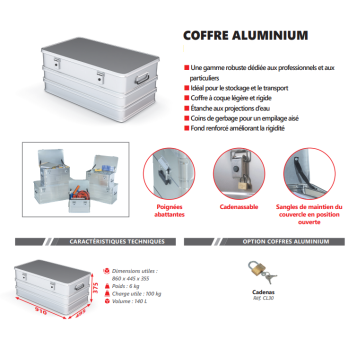 COFFRE DE RANGEMENT EN ALUMINIUM 140 L  910 X 495 X 375 mm