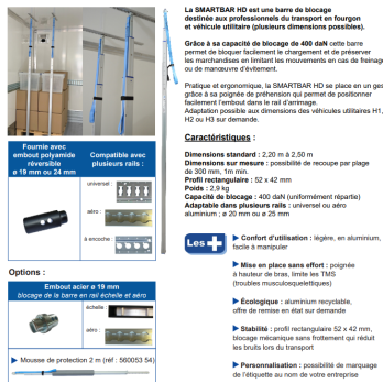 Barre de blocage pour rail camion frigo fourgon 2M22 à 2M50 SMARTBAR HD