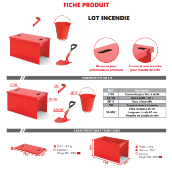 KIT Incendie Pelle seau bac à sable avec couvercle et support ROUGE