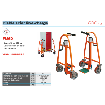 Diable double acier lève charge pour déménageur charge 600 kg