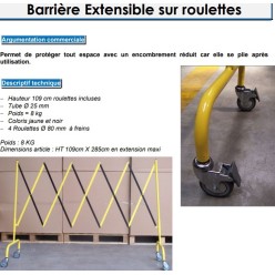 Barrière extensible sur roulettes 2M85X1M09 Jaune et noire