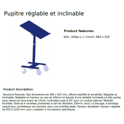 Pupitre d'atelier sur roues en acier à plateau inclinable 560x525 mm hauteur 833 à 1233 mm