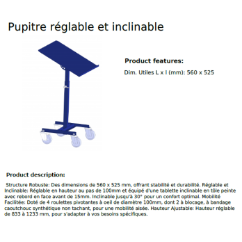 Pupitre d'atelier sur roues en acier à plateau inclinable 560x525 mm hauteur 833 à 1233 mm