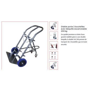 Diable porte 2 bouteilles avec béquille escamotable 2 roues charge  200 kg