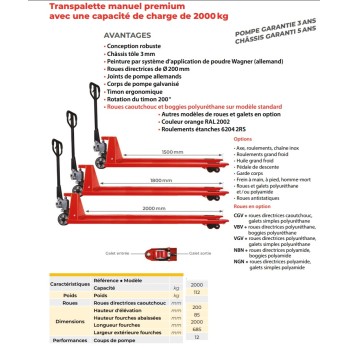 Transpalette manuel premium FOURCHES 2M LARGES 685 MM CHARGE 2T