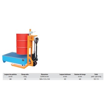 Chariot élévateur transpalette pour lever et transporter des fûts métal ou plastique
