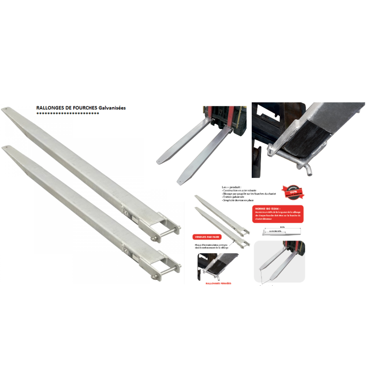 Rallonges de fourches galvanisées 1800x125 mm acier galvanisé Rallonges de fourches galvanisées 1800x125 mm acier galvanisé