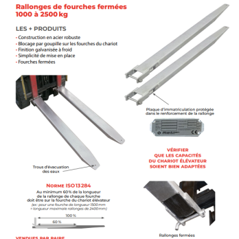 Rallonges de fourches galvanisées 1800x125 mm acier galvanisé