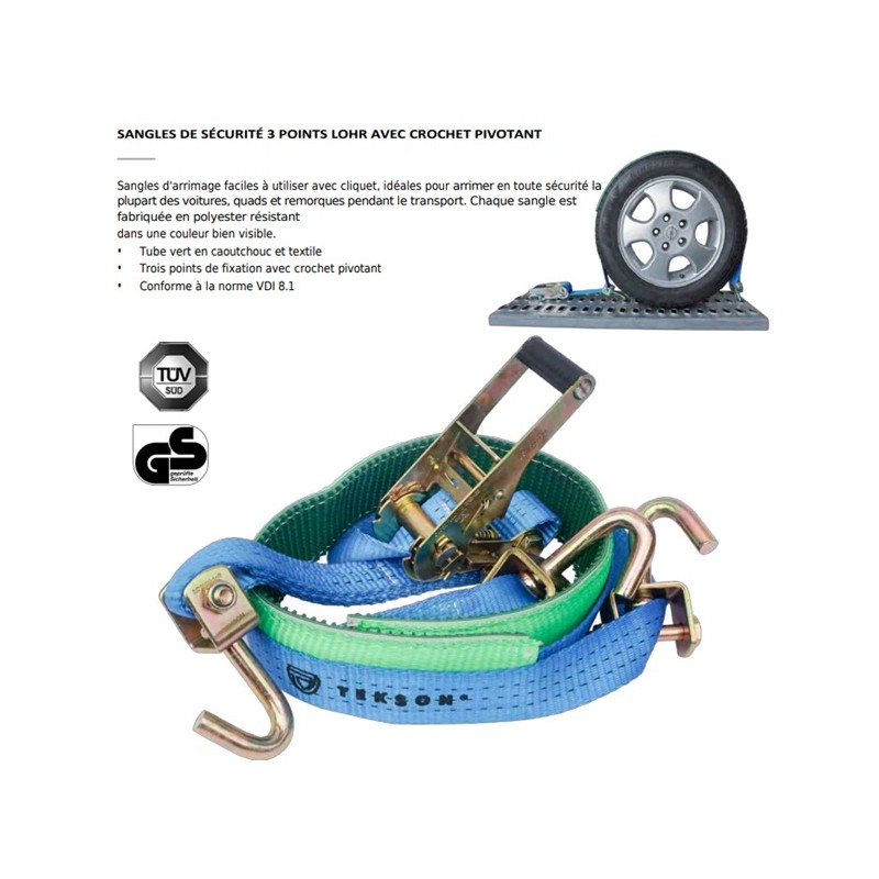 Sangle de roue pour le transport d'automobiles LOHR 3 crochets tournants fourreau 2M50