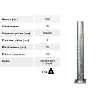 Poteau rond de protection en acier galvanisé 1m00