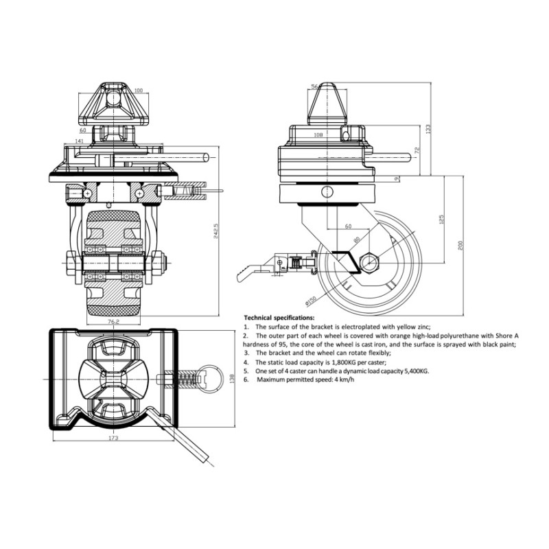 Set de 4 Roues TWIST LOCK DIAM 150 MM pour container maritime charge 1T8 PAR ROUE