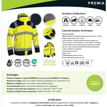 PARKA  Haute visibilité JAUNE MULTIPOCHES PREMIA