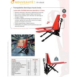 transpalette electrique haute levée 725 mm 1t5 stabilisateurs anti écrasemement anti tms