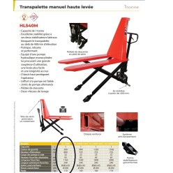 Transpalette manuel haute levée 1000 kg fourches longues 2000 mm HL540M  existe en fourches 1500 1800 et 1165 mm