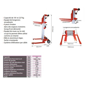 Mini-gerbeur manuel ALUMINIUM PLIANT SW181 CHARGE 181 KG HAUTEUR LEVEE 2M50