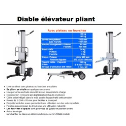 Diable élévateur pliant ALU PLATEAU OU FOURCHES 120 150 KG ALUMINIUM