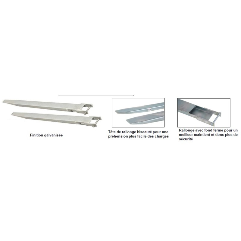 Rallonges de fourches Fermées galvanisées 2000 125x50 mm (PxH) CAPACITE 4T Rallonges de fourches Fermées galvanisées 2000 125x50 mm (PxH) CAPACITE 4T