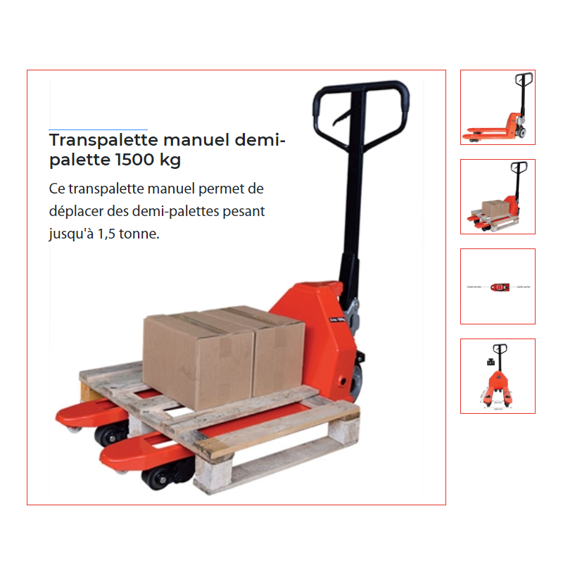 Transpalette manuel demi palettes fourches courtes 950 mm 1T5 Transpalette manuel demi palettes fourches courtes 950 mm 1T5