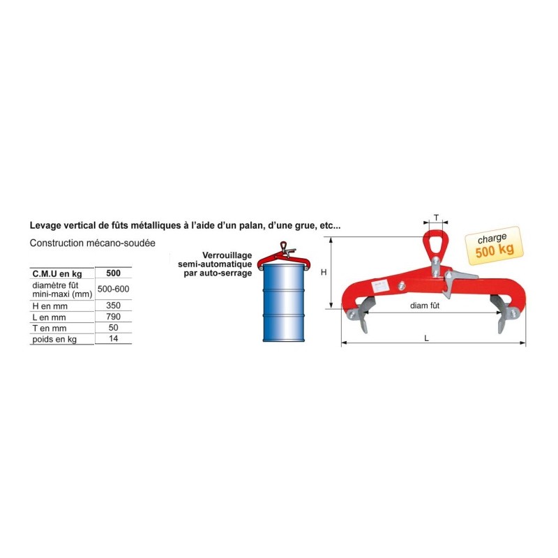 Pince lève fut vertical 500 kg coef 1/3 diam fut 500 - 600 mm