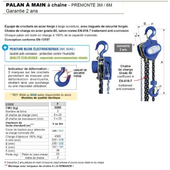 PALAN MANUEL A CHAINE 3T LONGUEUR 6M GRADE 80 EN 817-7 ANTI CORROSION