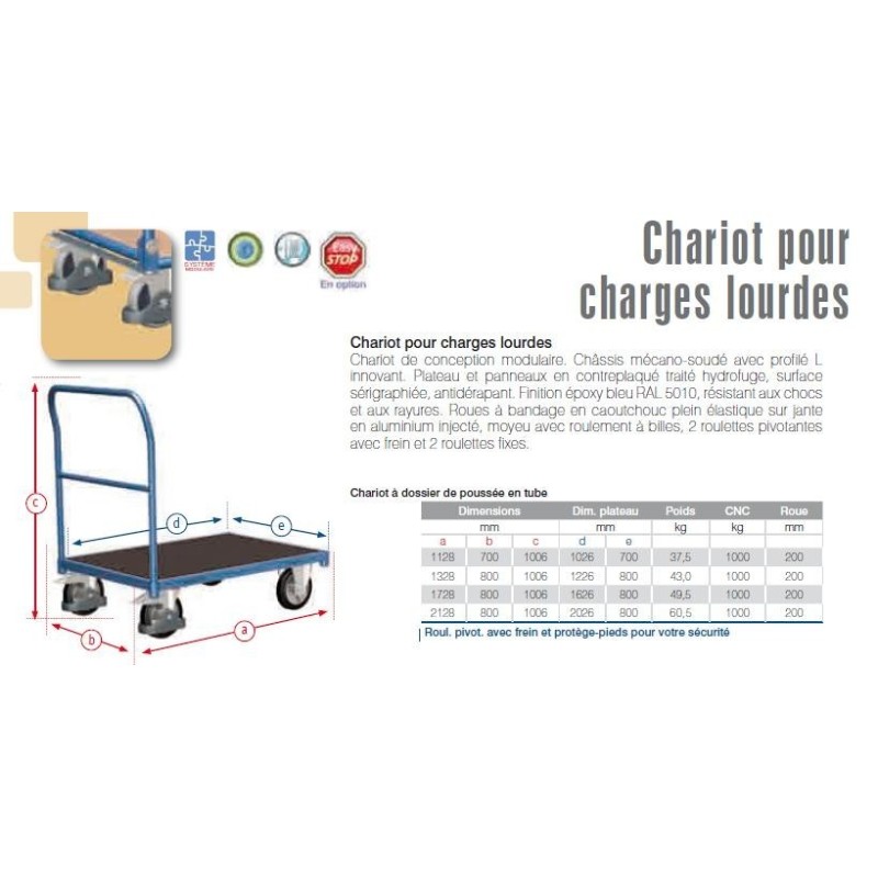 Chariot a dossier tubulaire  charge lourde  1128x700x1006
